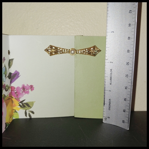 Vintage Rhinestone and Faux Pearl Bar Brooch - Picture 2 of 7
